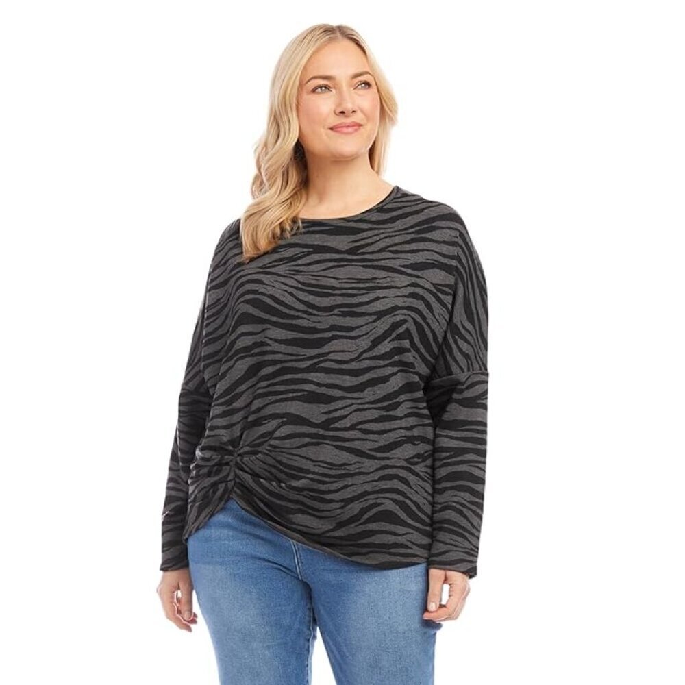 Karen Kane Fleece Top Women's Plus Size 1X Black Gray Zebra Print Drop Shoulders